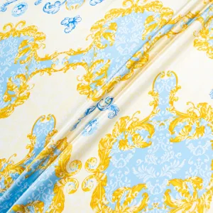 Yellow, Blue & Cream Printed Silk Satin