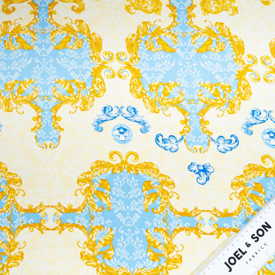 Yellow, Blue & Cream Printed Silk Satin