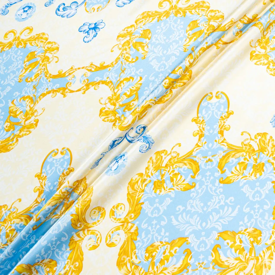 Yellow, Blue & Cream Printed Silk Satin