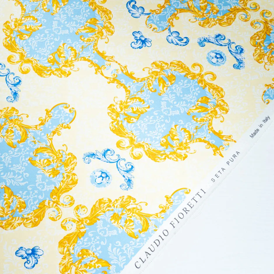Yellow, Blue & Cream Printed Silk Satin